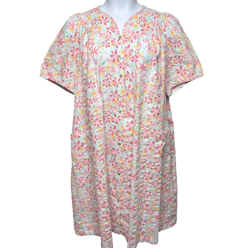 VTG 80s BARBIZON Womens Multicolor Floral Short Sleeve House Dress w/Pockets 2X